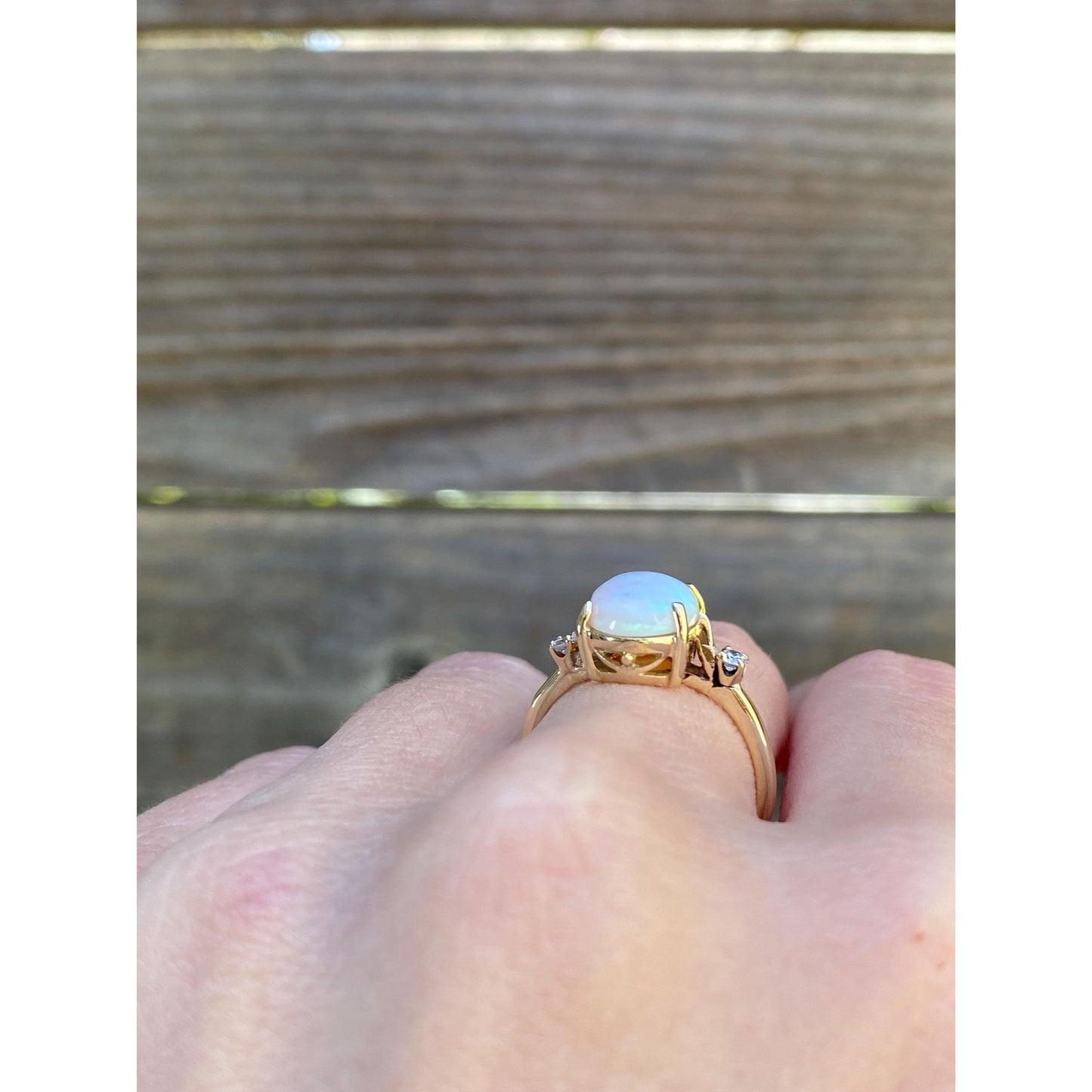 Vintage Solid 14k Yellow Gold Diamond Opal Ring - Size 5.75