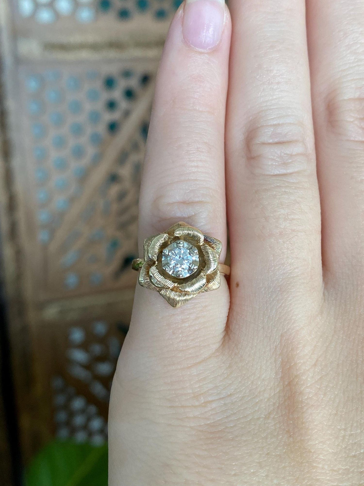 Vintage Solid 14k Yellow Gold Diamond Rose Ring - Size 4.25