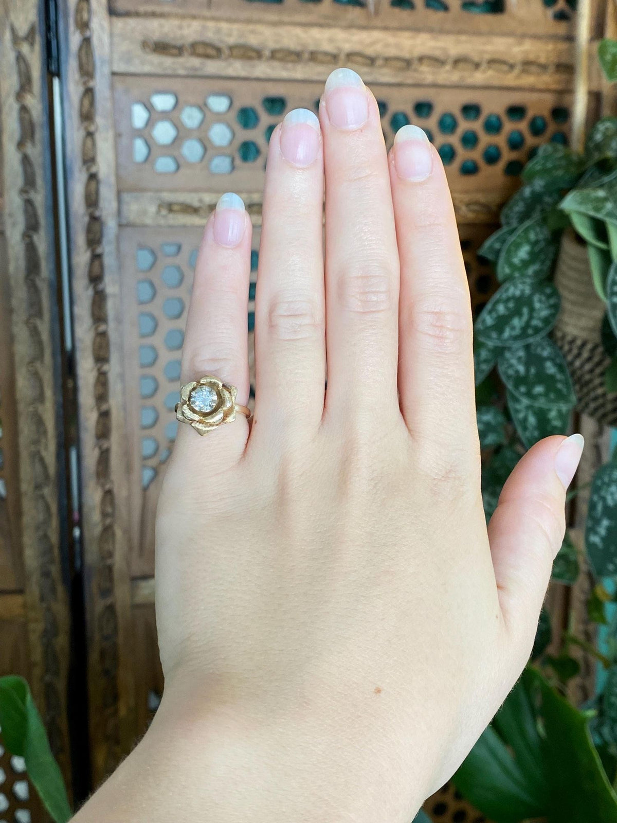 Vintage Solid 14k Yellow Gold Diamond Rose Ring - Size 4.25