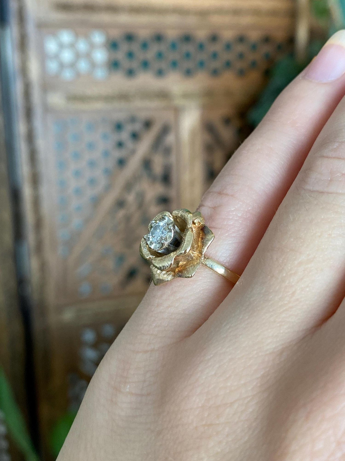 Vintage Solid 14k Yellow Gold Diamond Rose Ring - Size 4.25