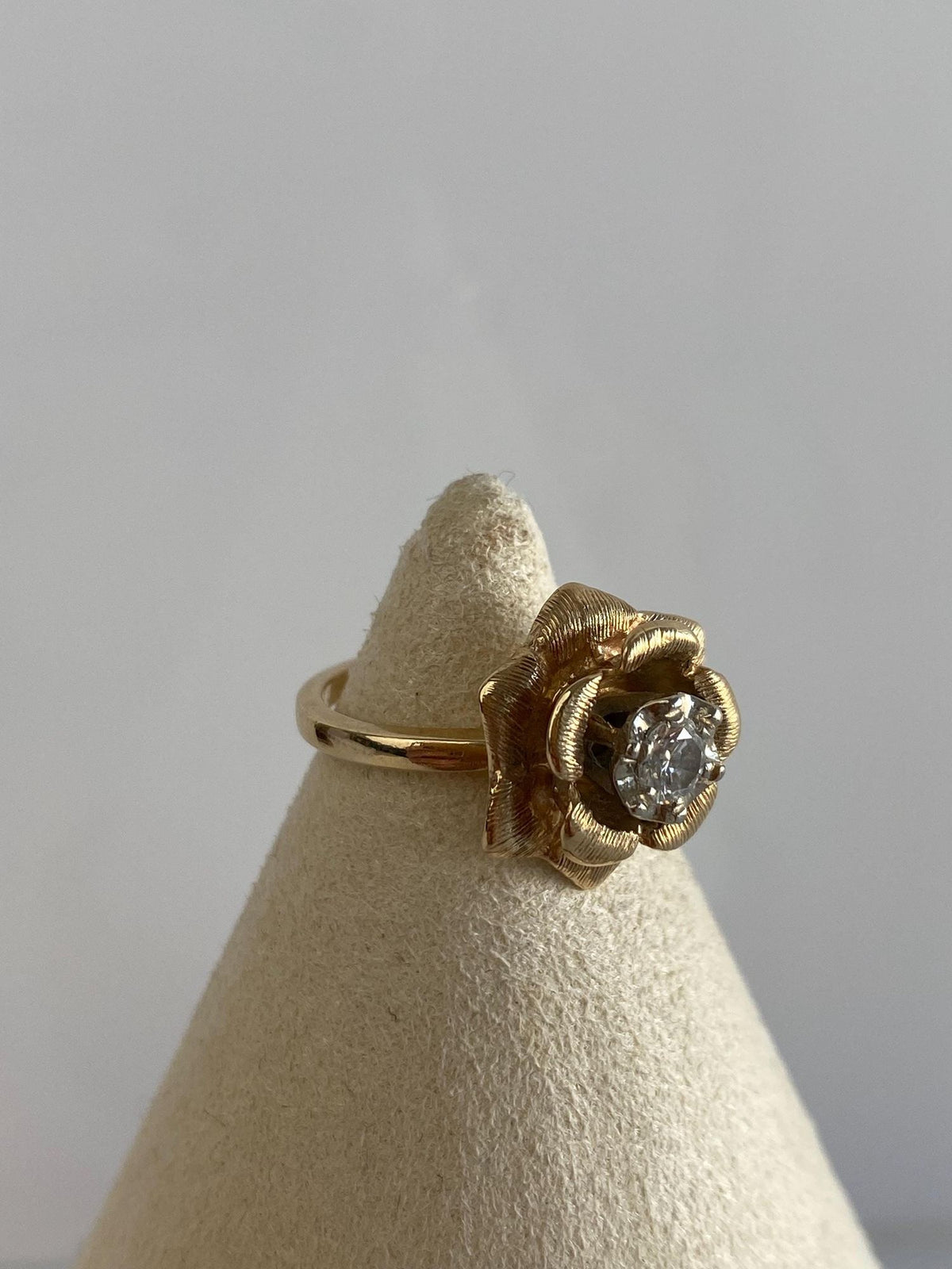 Vintage Solid 14k Yellow Gold Diamond Rose Ring - Size 4.25