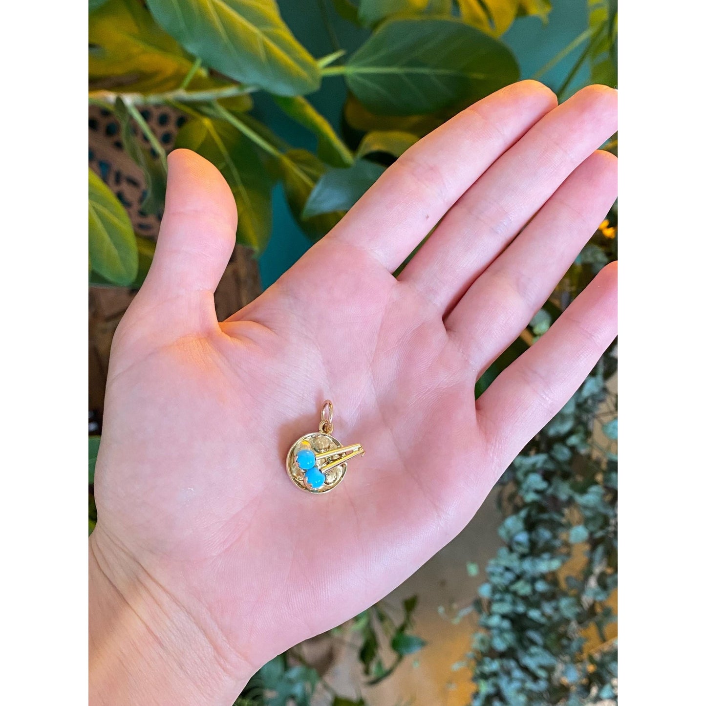 Vintage 14k Yellow Gold Turquoise Drum Charm
