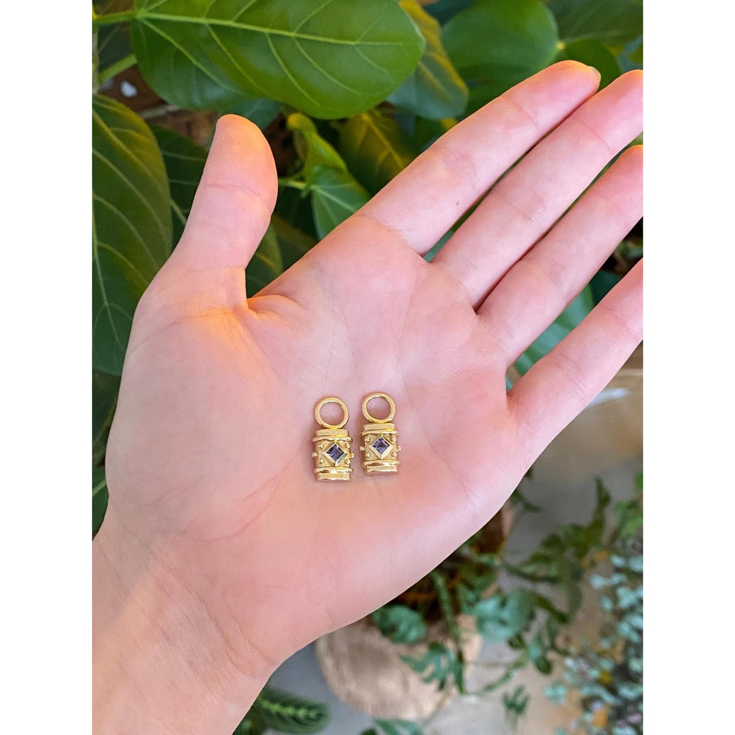 Vintage Solid 14k Yellow Gold Tanzanite Hoop Charms