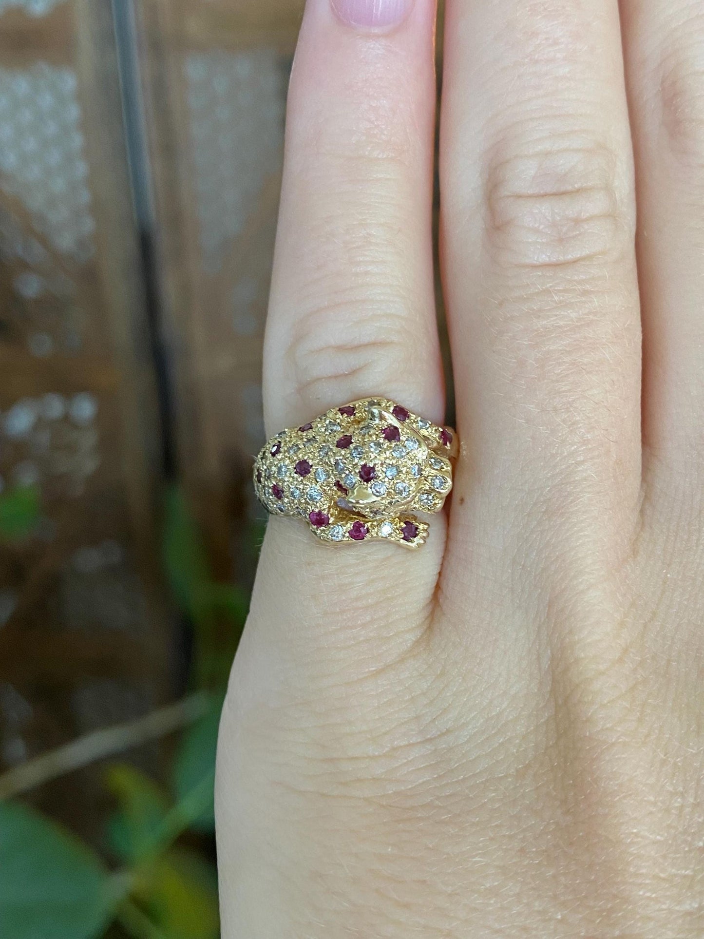 Vintage Solid 14k Yellow Gold Ruby Diamond Jaguar Ring - Size 3