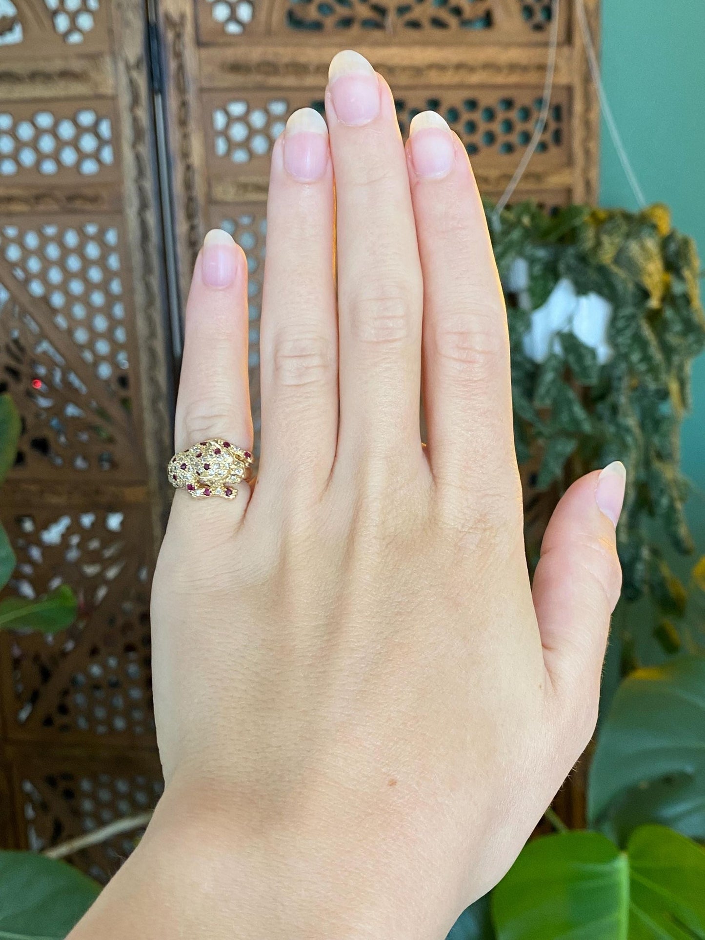 Vintage Solid 14k Yellow Gold Ruby Diamond Jaguar Ring - Size 3