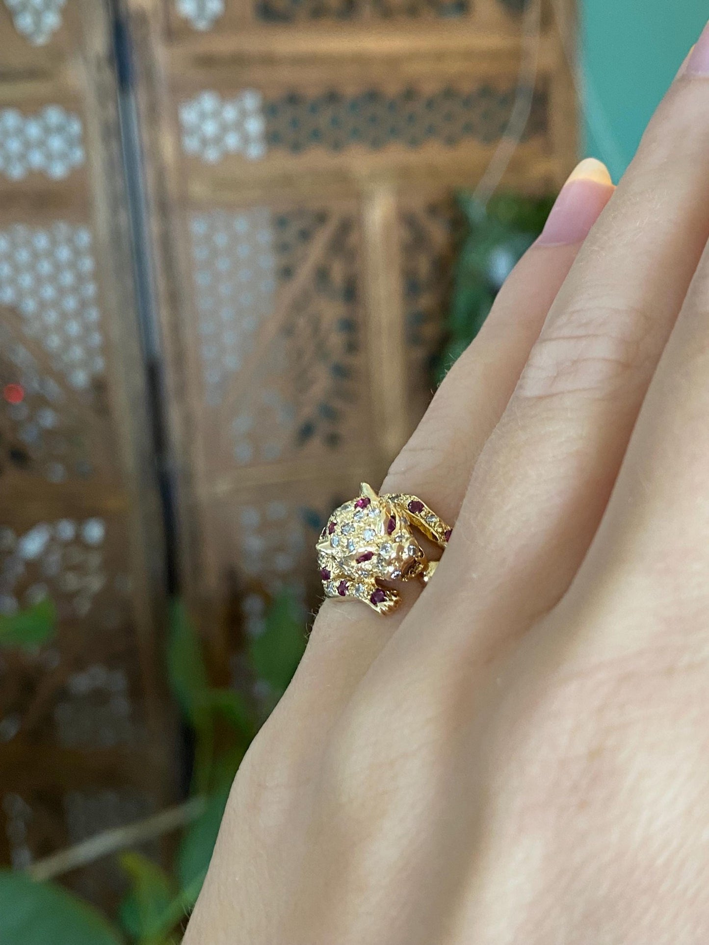 Vintage Solid 14k Yellow Gold Ruby Diamond Jaguar Ring - Size 3