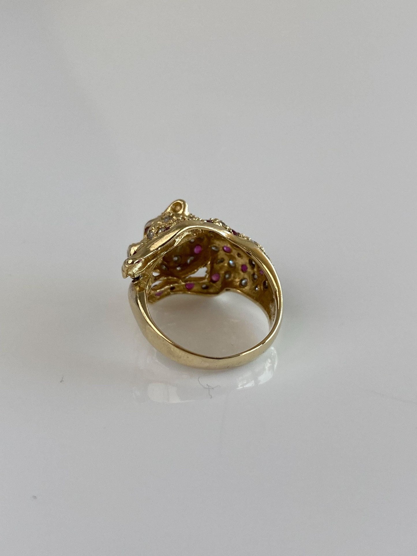 Vintage Solid 14k Yellow Gold Ruby Diamond Jaguar Ring - Size 3