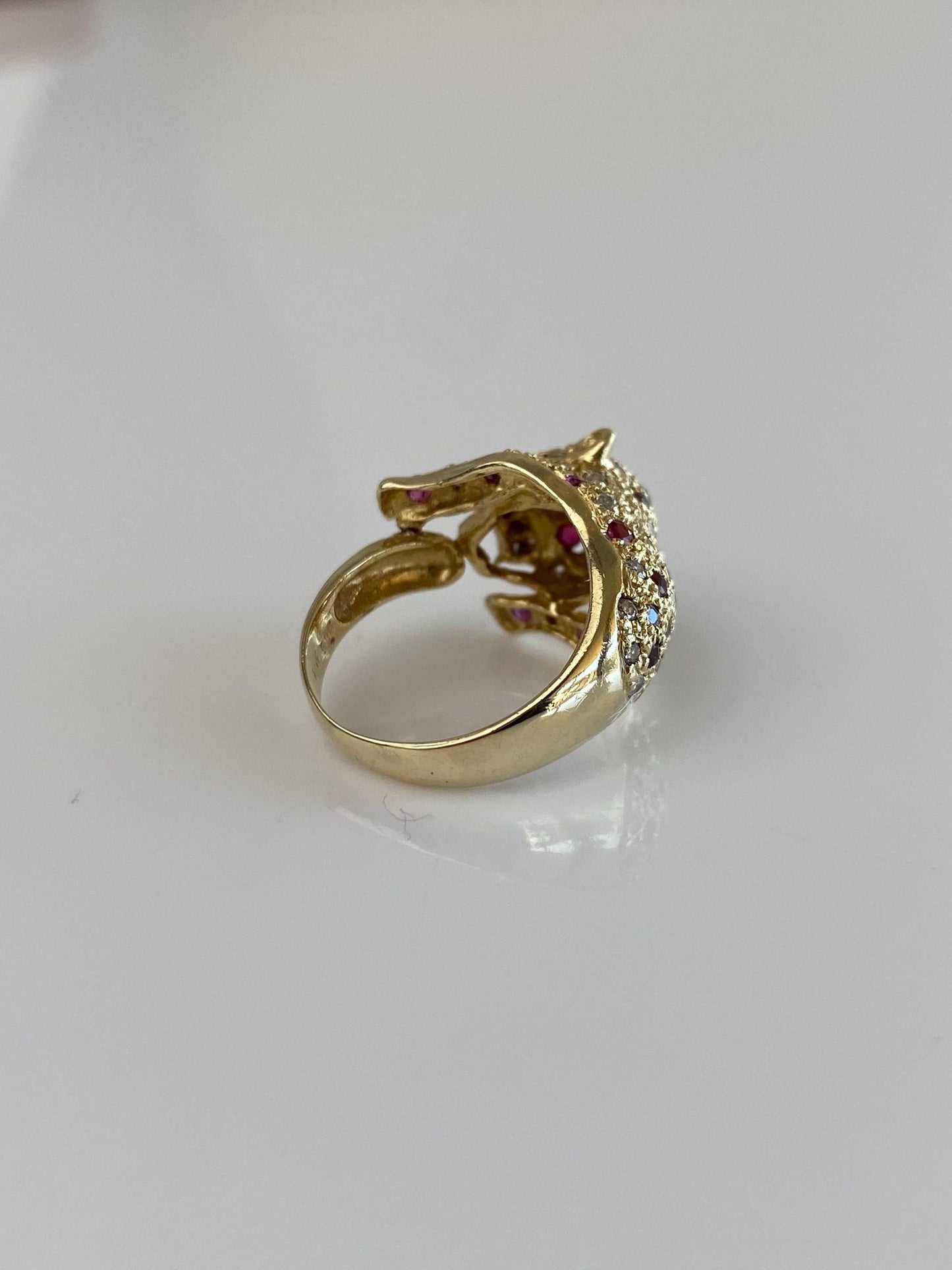 Vintage Solid 14k Yellow Gold Ruby Diamond Jaguar Ring - Size 3