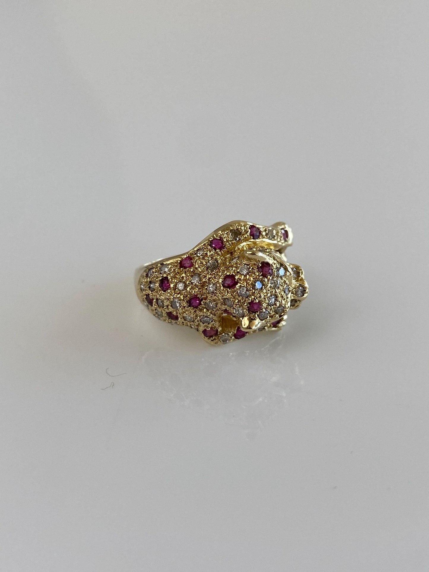 Vintage Solid 14k Yellow Gold Ruby Diamond Jaguar Ring - Size 3