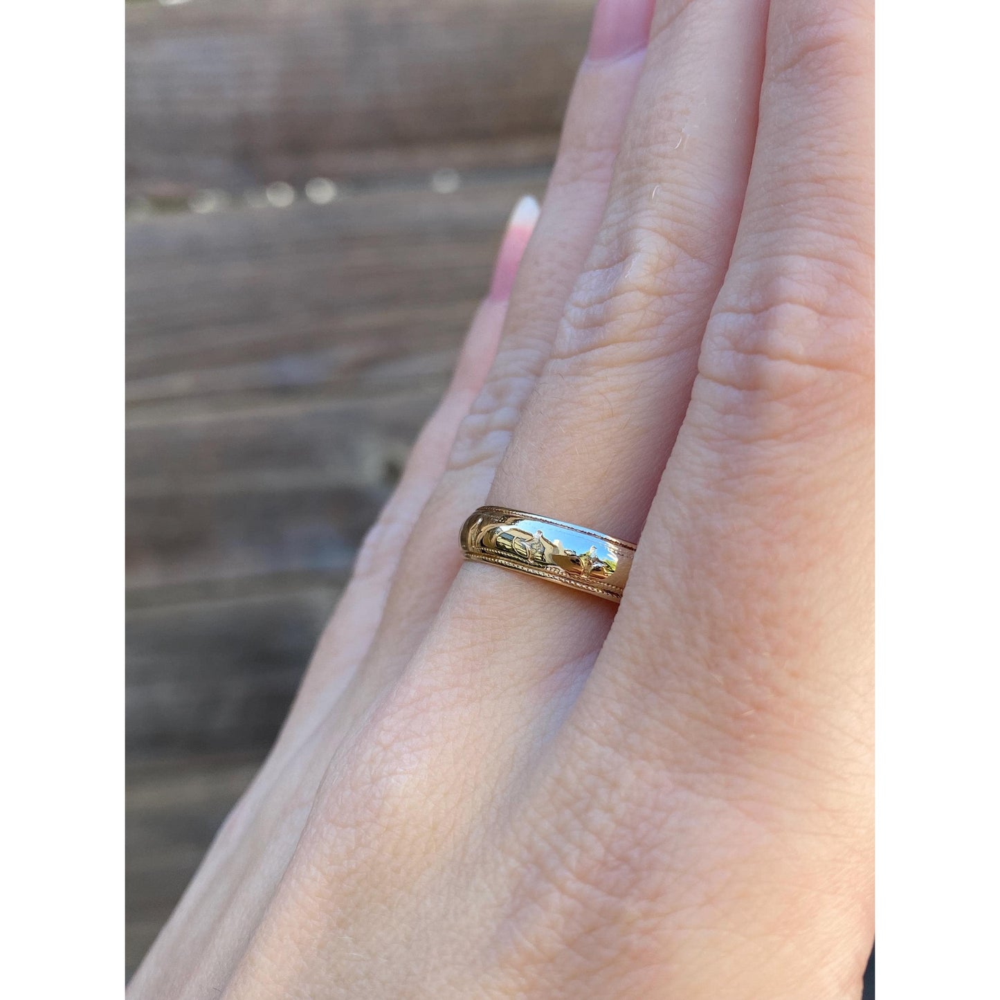 Vintage Solid 14k Yellow Gold Star Design Milgrain Ring Band - Size 9.75