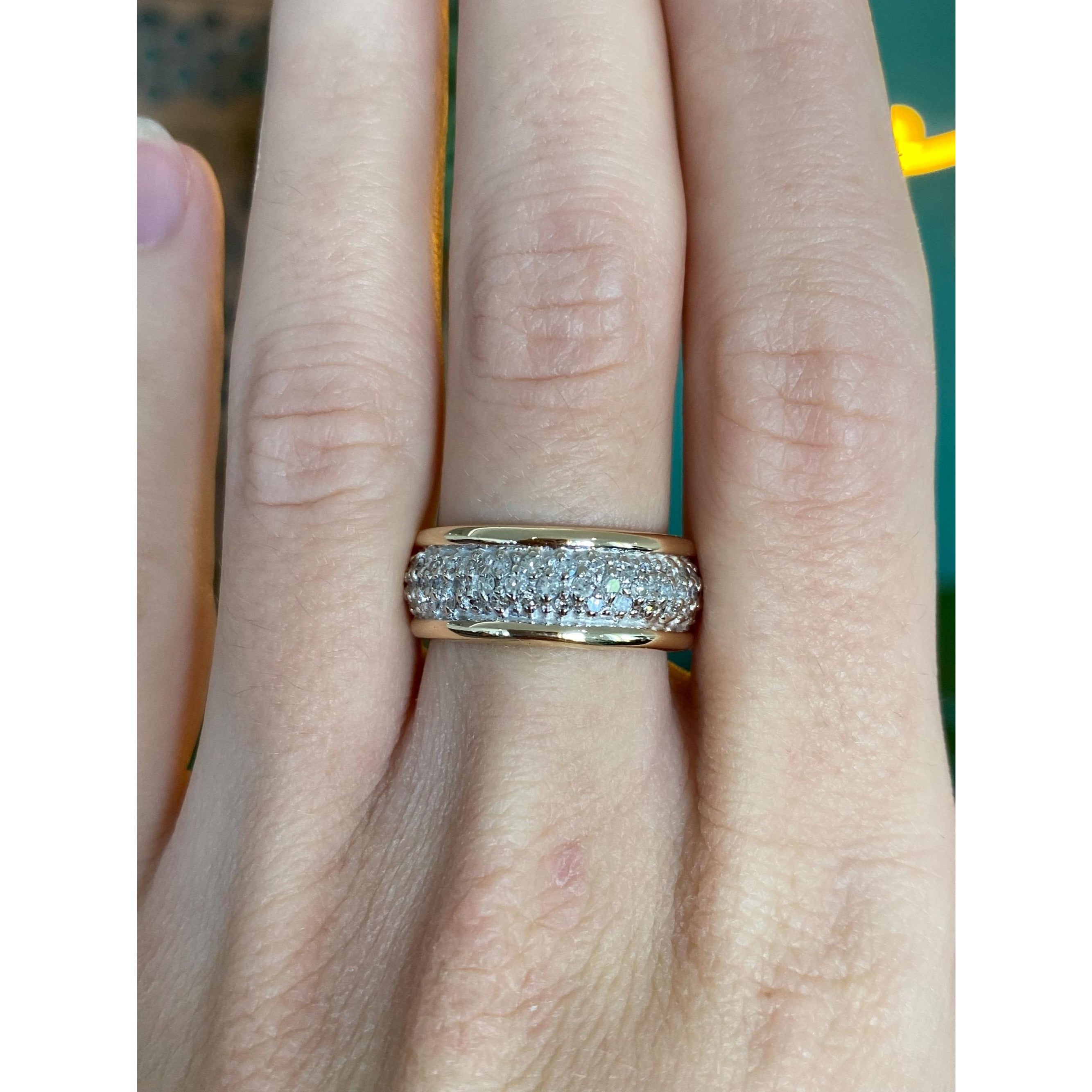 Vintage Solid 14k White & Yellow Gold Diamond Cluster Ring Band - Size 7.25