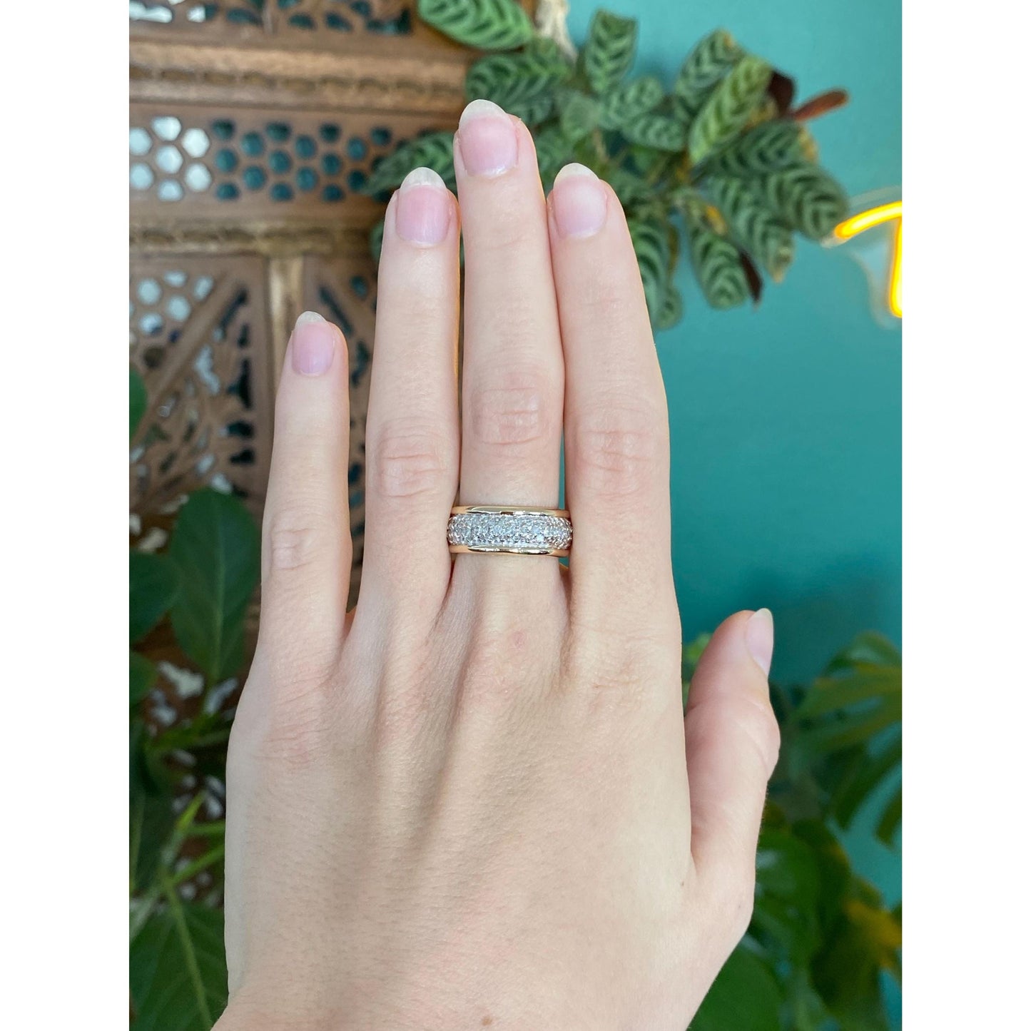 Vintage Solid 14k White & Yellow Gold Diamond Cluster Ring Band - Size 7.25