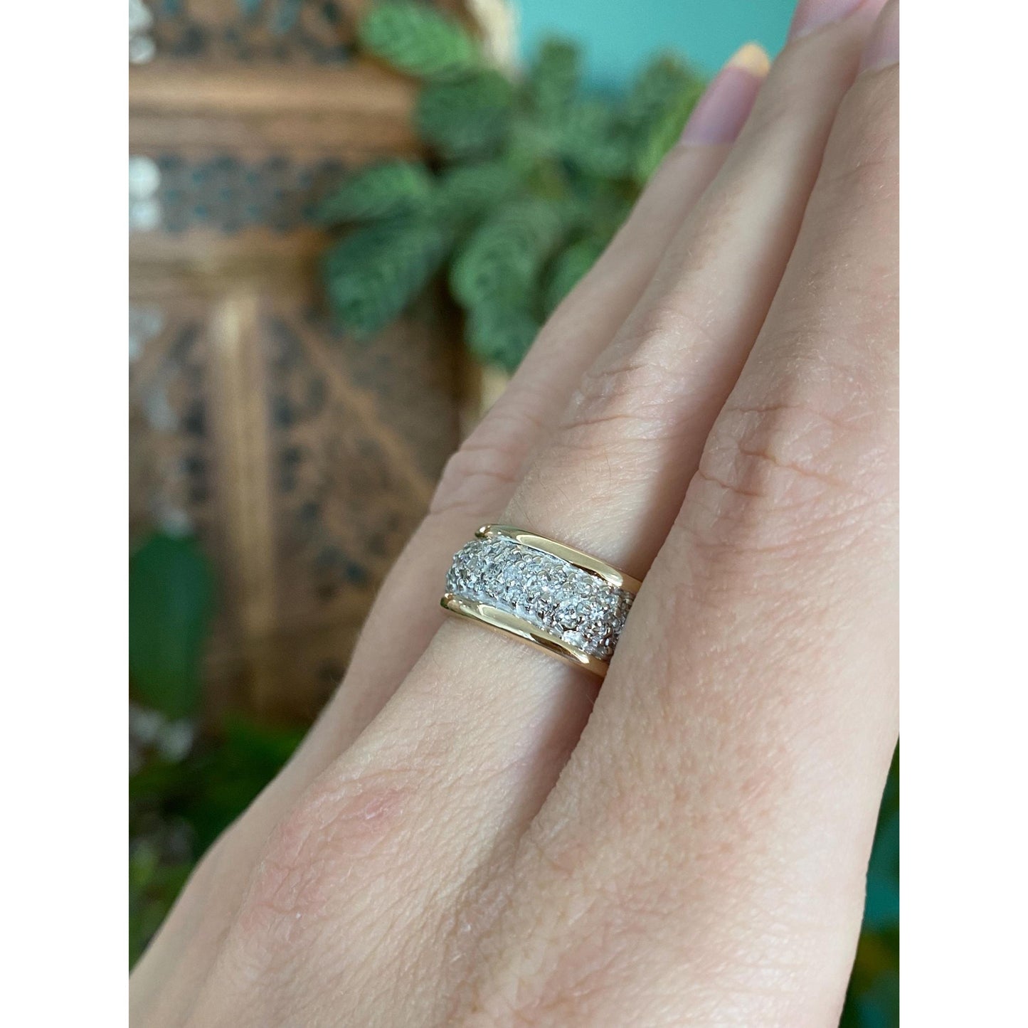 Vintage Solid 14k White & Yellow Gold Diamond Cluster Ring Band - Size 7.25