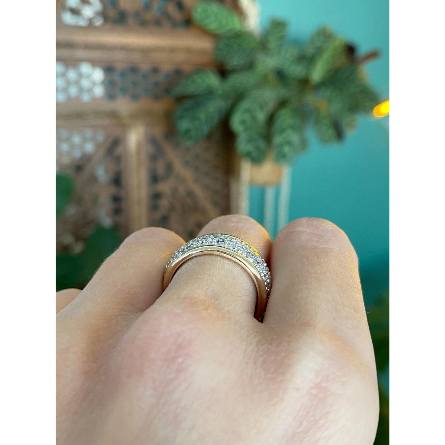 Vintage Solid 14k White & Yellow Gold Diamond Cluster Ring Band - Size 7.25