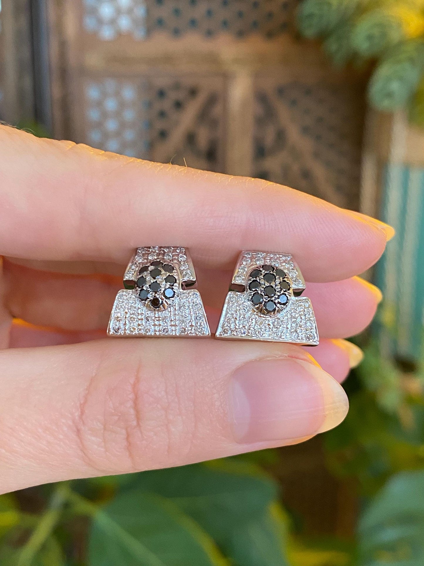 Vintage Solid 14k White Gold Black & Clear Diamond Drop Earrings