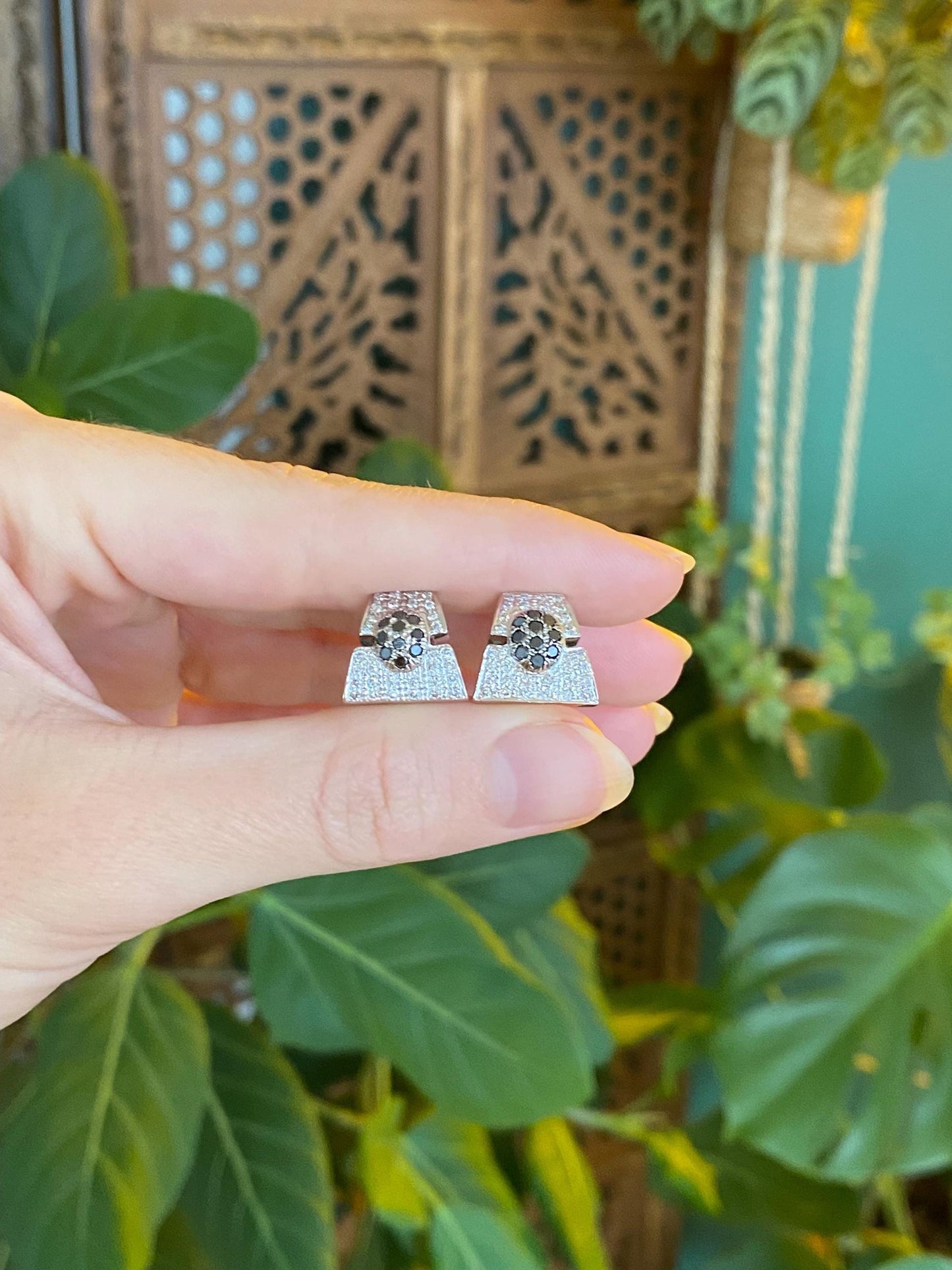 Vintage Solid 14k White Gold Black & Clear Diamond Drop Earrings