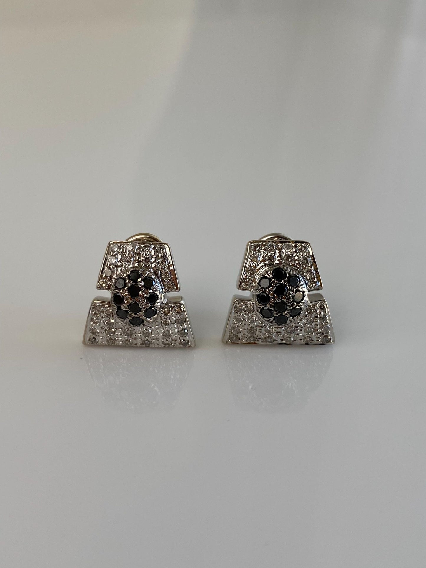 Vintage Solid 14k White Gold Black & Clear Diamond Drop Earrings