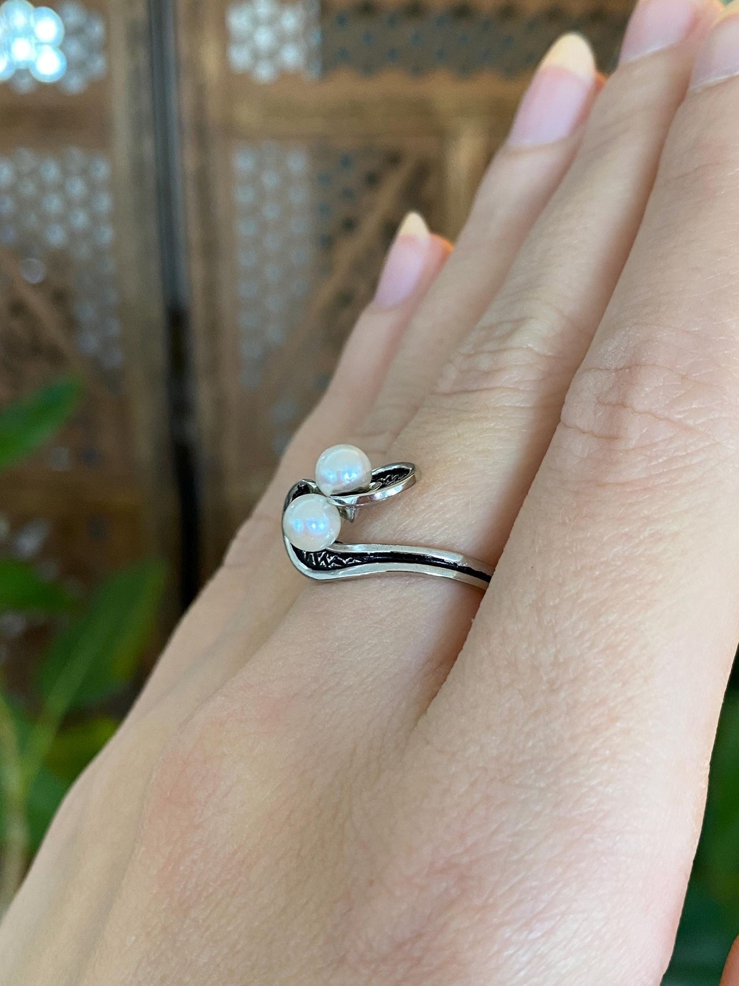 Vintage Solid 10k White Gold Pearls Ring - Size 6