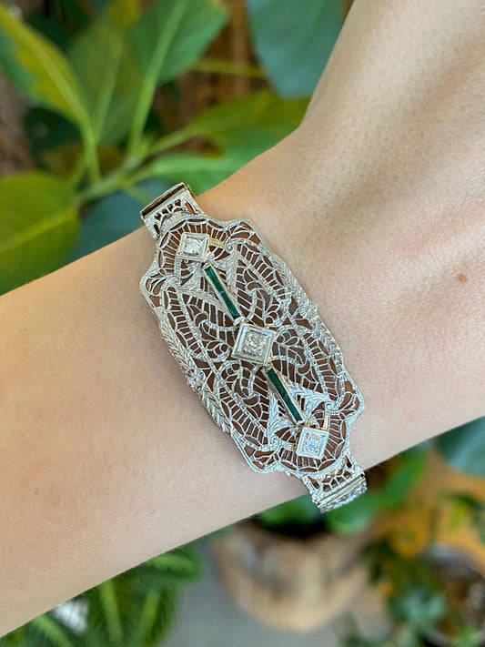 Vintage Solid 14k White Gold & Platinum Diamond Emerald Art Deco Link Bracelet - 7 Inches