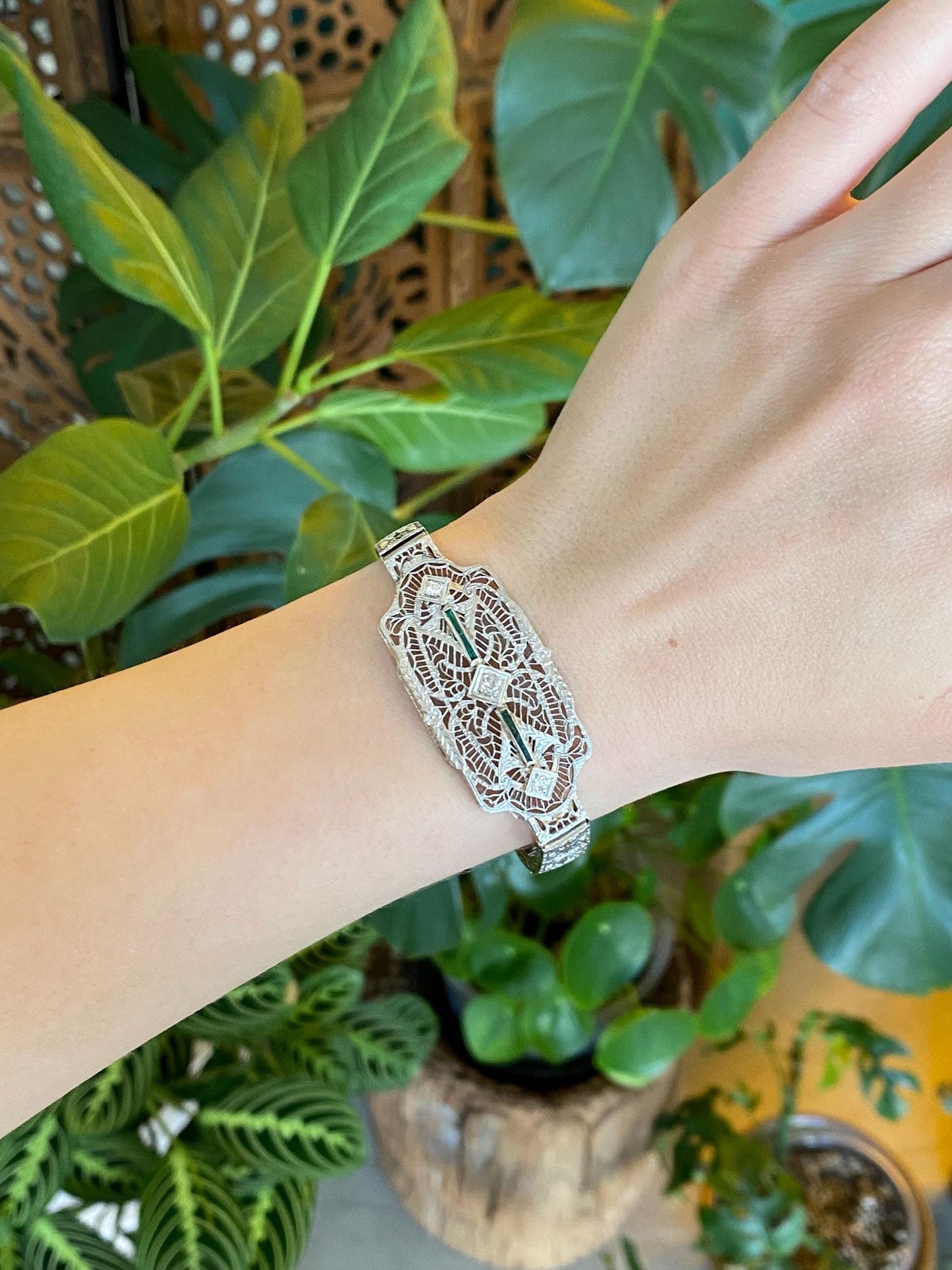 Vintage Solid 14k White Gold & Platinum Diamond Emerald Art Deco Link Bracelet - 7 Inches