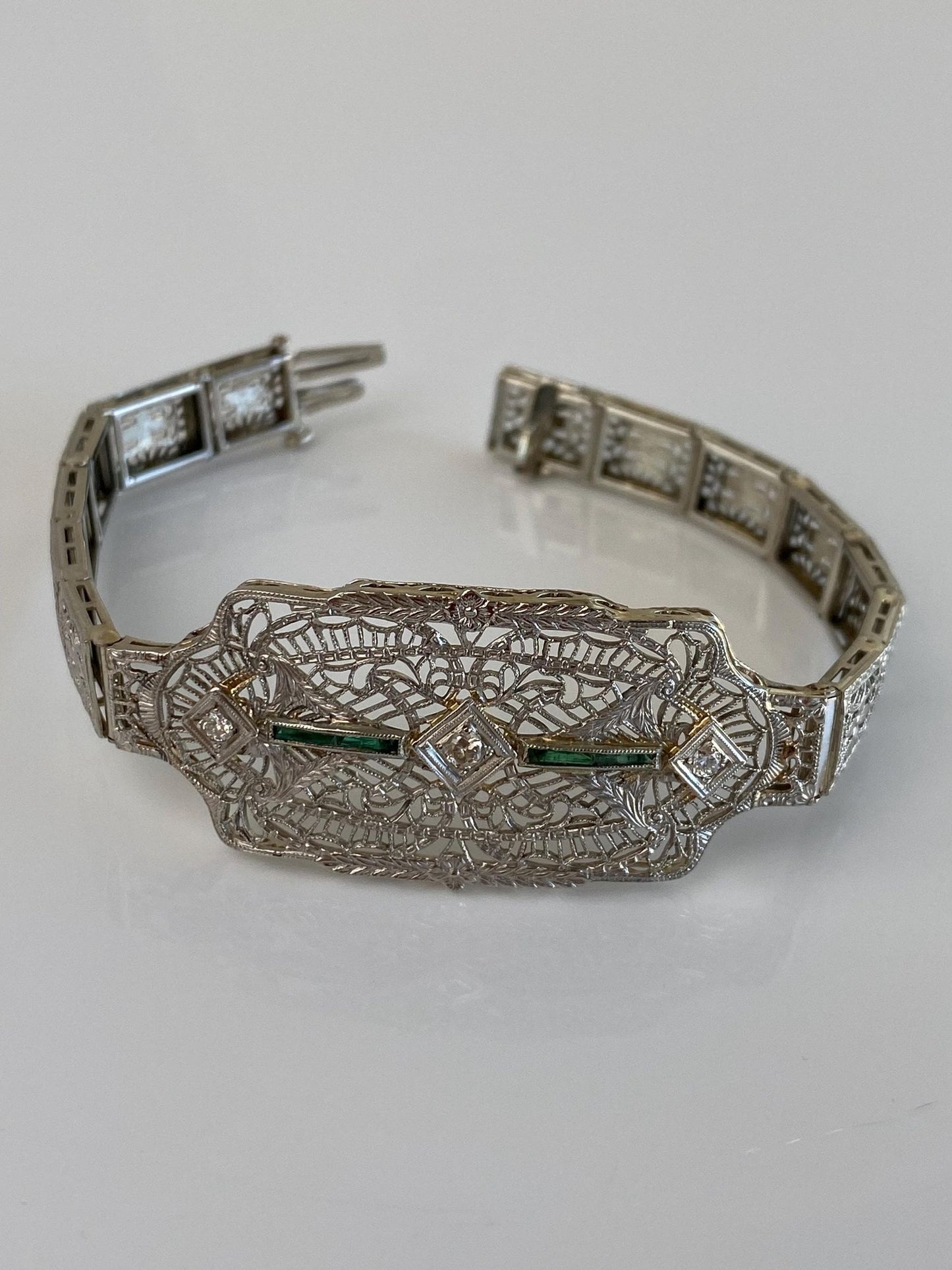 Vintage Solid 14k White Gold & Platinum Diamond Emerald Art Deco Link Bracelet - 7 Inches
