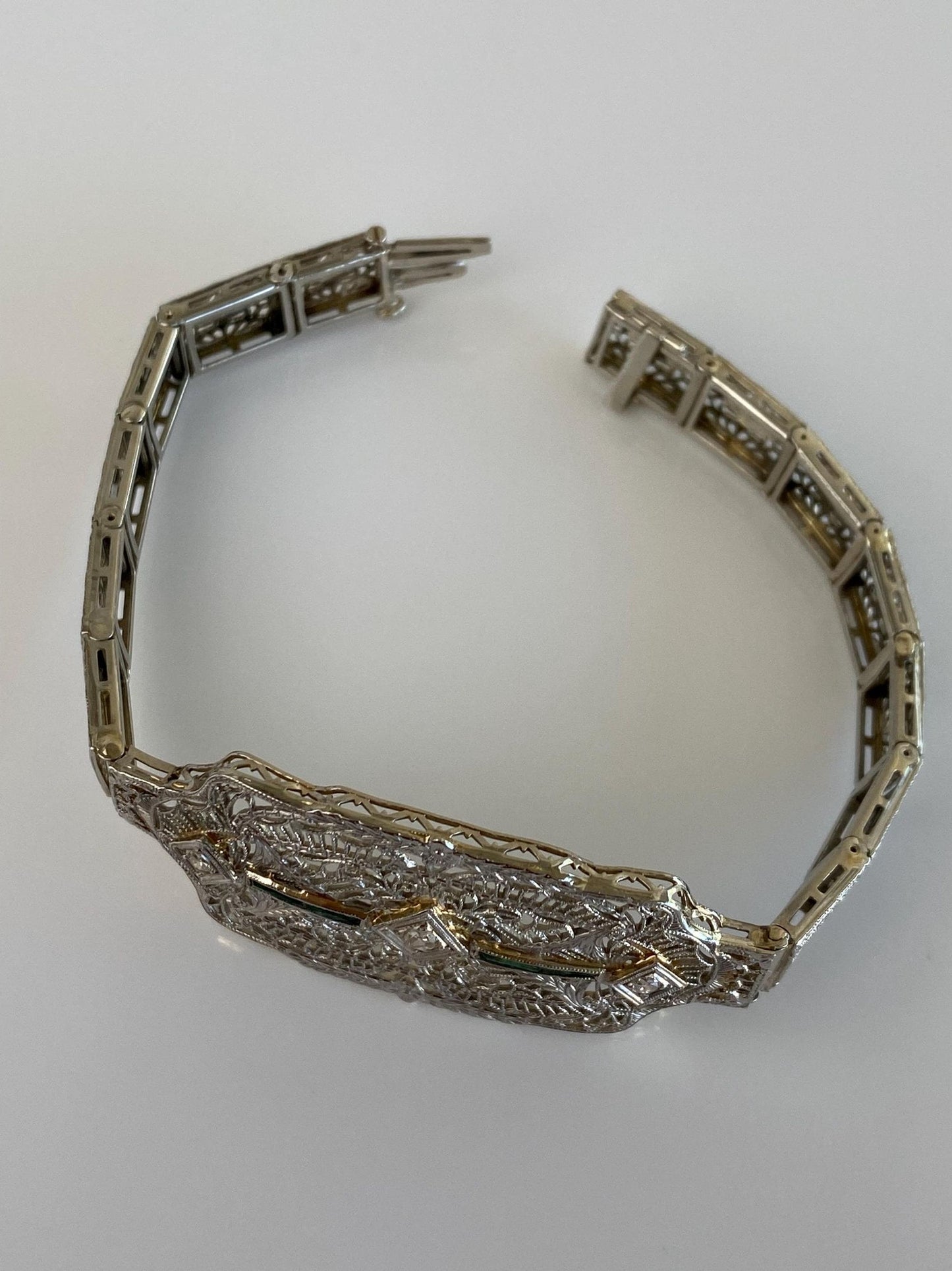 Vintage Solid 14k White Gold & Platinum Diamond Emerald Art Deco Link Bracelet - 7 Inches