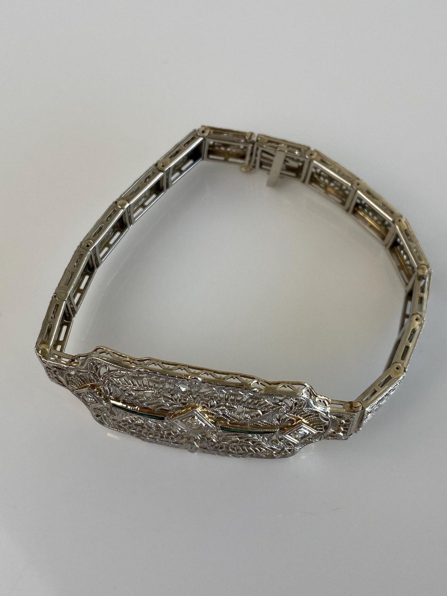 Vintage Solid 14k White Gold & Platinum Diamond Emerald Art Deco Link Bracelet - 7 Inches