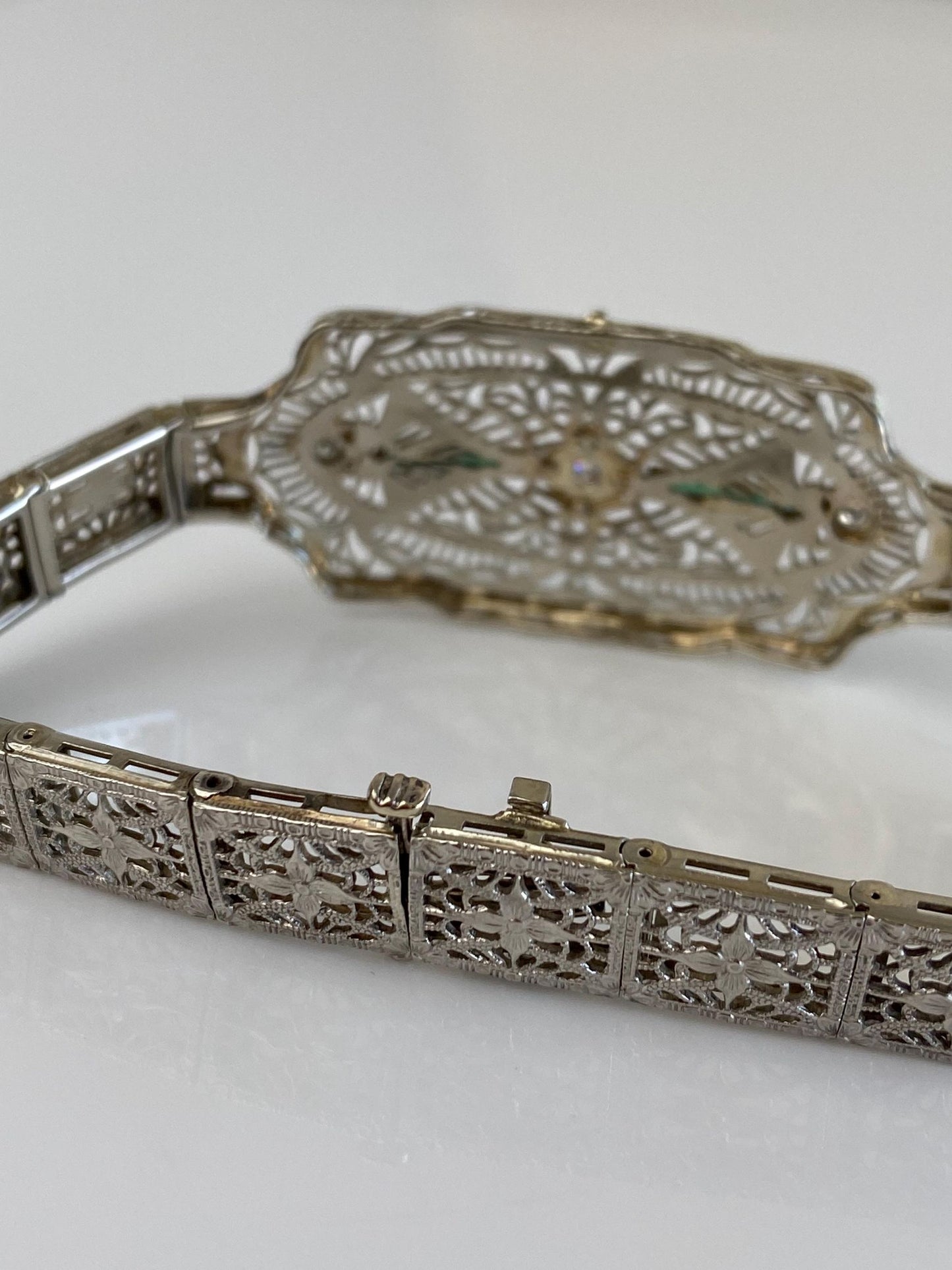 Vintage Solid 14k White Gold & Platinum Diamond Emerald Art Deco Link Bracelet - 7 Inches