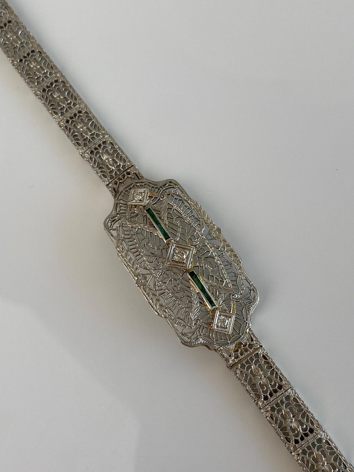 Vintage Solid 14k White Gold & Platinum Diamond Emerald Art Deco Link Bracelet - 7 Inches
