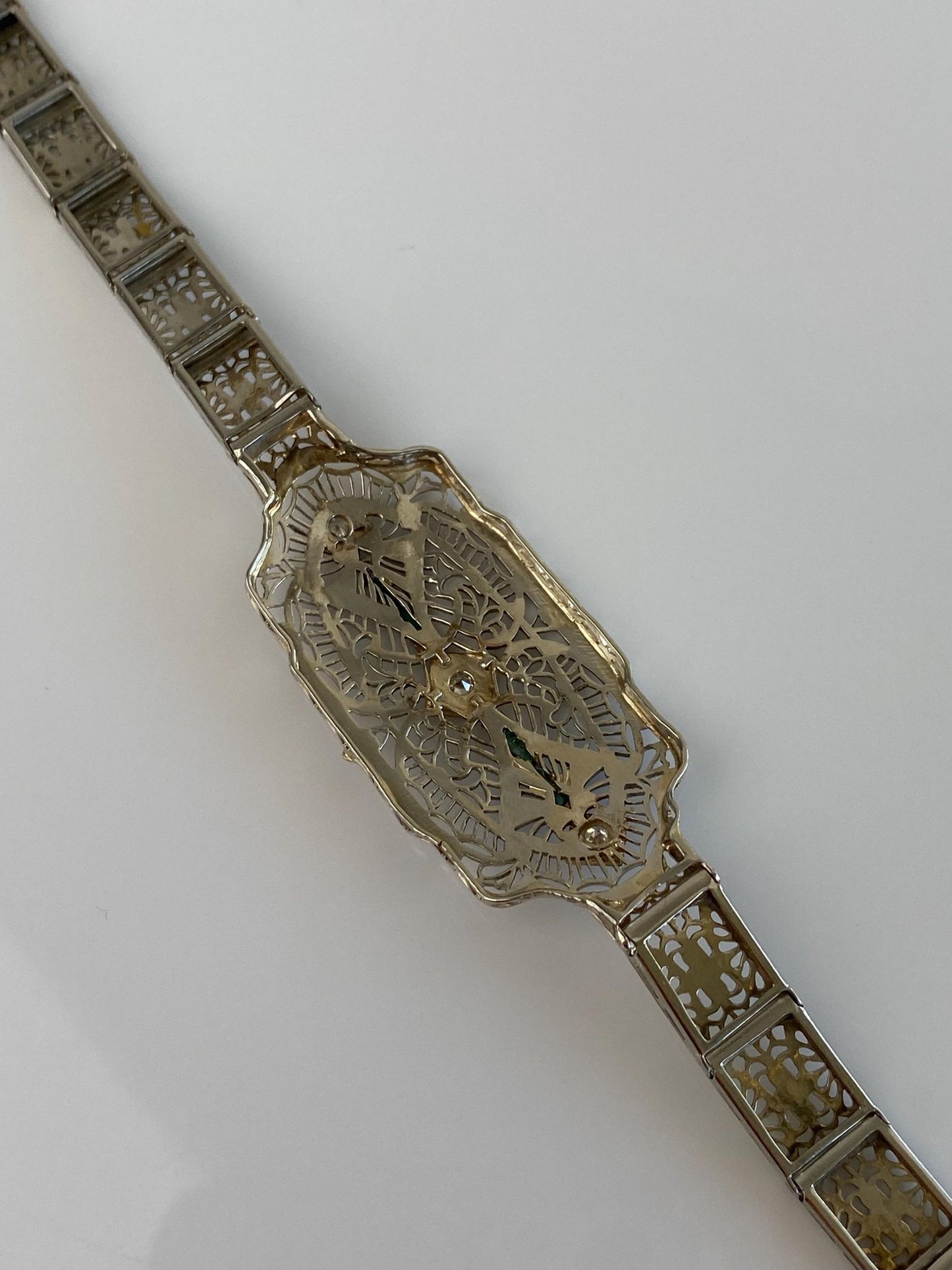 Vintage Solid 14k White Gold & Platinum Diamond Emerald Art Deco Link Bracelet - 7 Inches