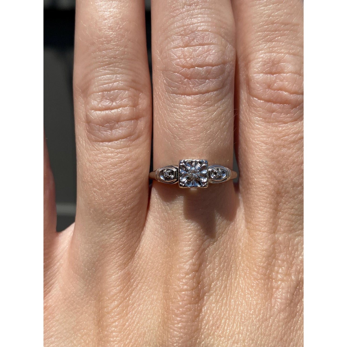 Vintage Solid 14k White Gold Diamond Art Deco Ring - Size 6.75