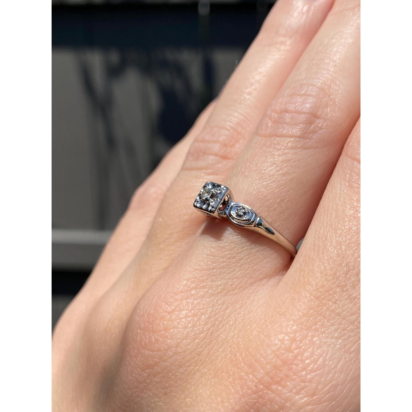 Vintage Solid 14k White Gold Diamond Art Deco Ring - Size 6.75