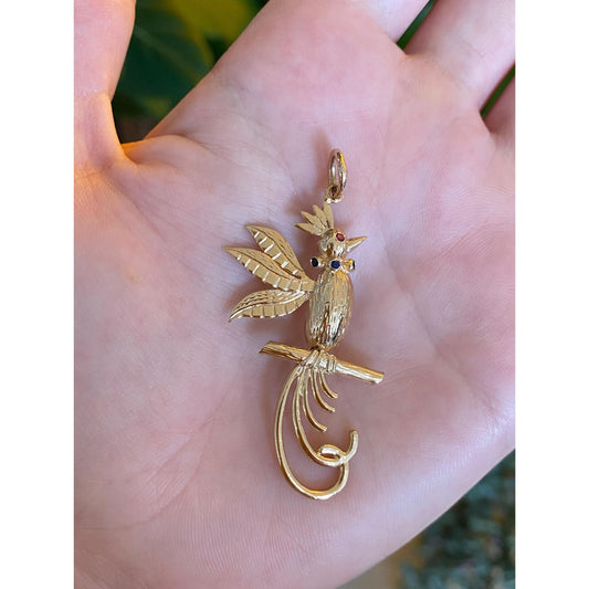 Vintage Solid 14k Yellow Gold Ruby Sapphire Bird Charm