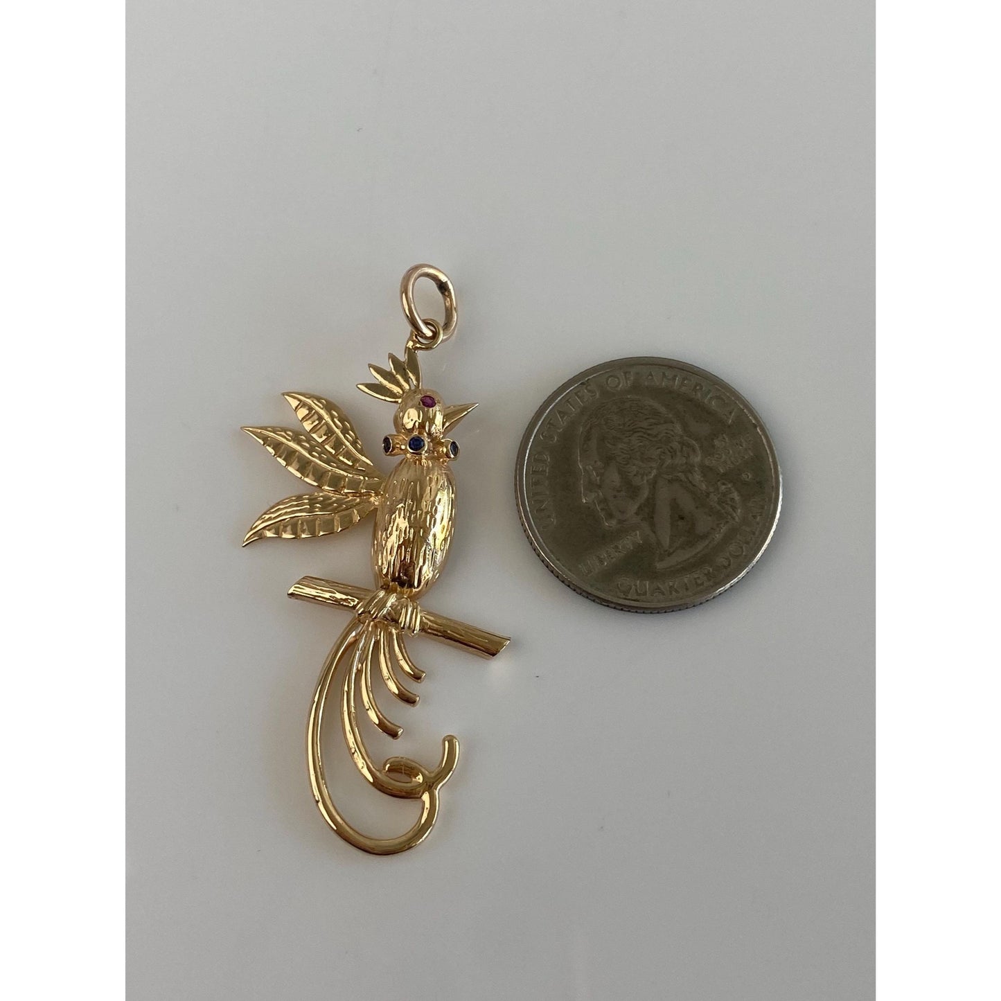 Vintage Solid 14k Yellow Gold Ruby Sapphire Bird Charm