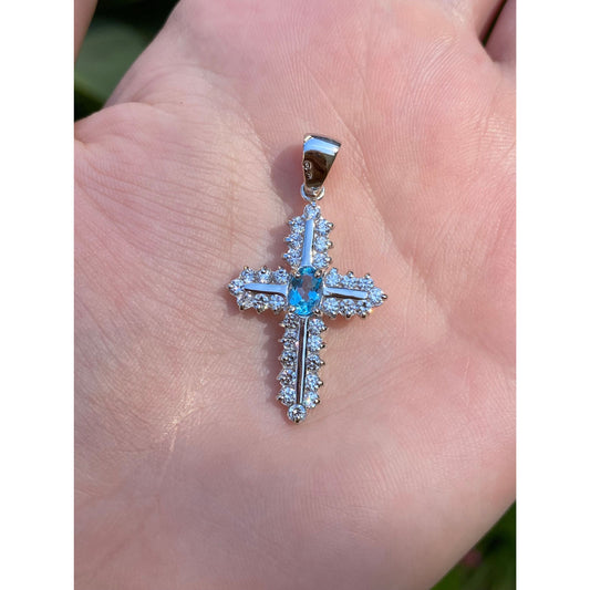 Solid 14k White Gold Topaz Cubic Zirconia Cross Charm
