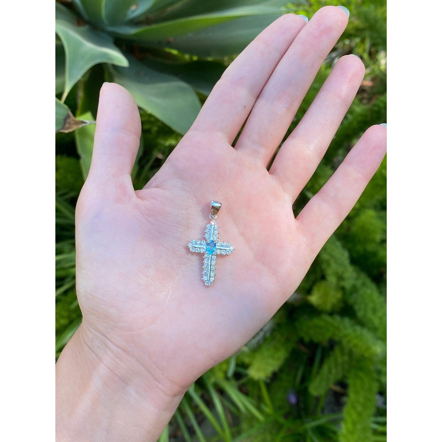 Solid 14k White Gold Topaz Cubic Zirconia Cross Charm