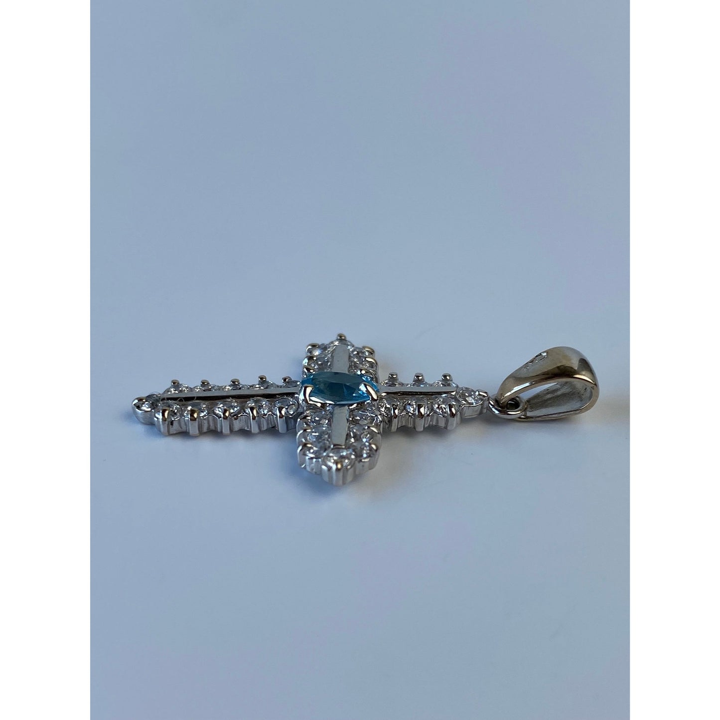 Solid 14k White Gold Topaz Cubic Zirconia Cross Charm