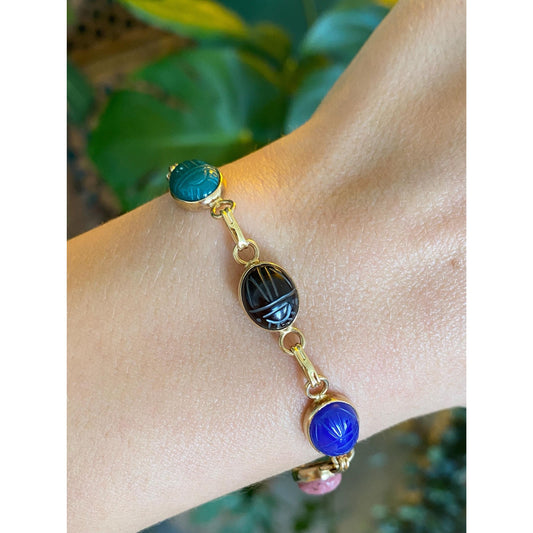 Solid 14k Yellow Gold Carved Scarab Link Bracelet - 7 inches