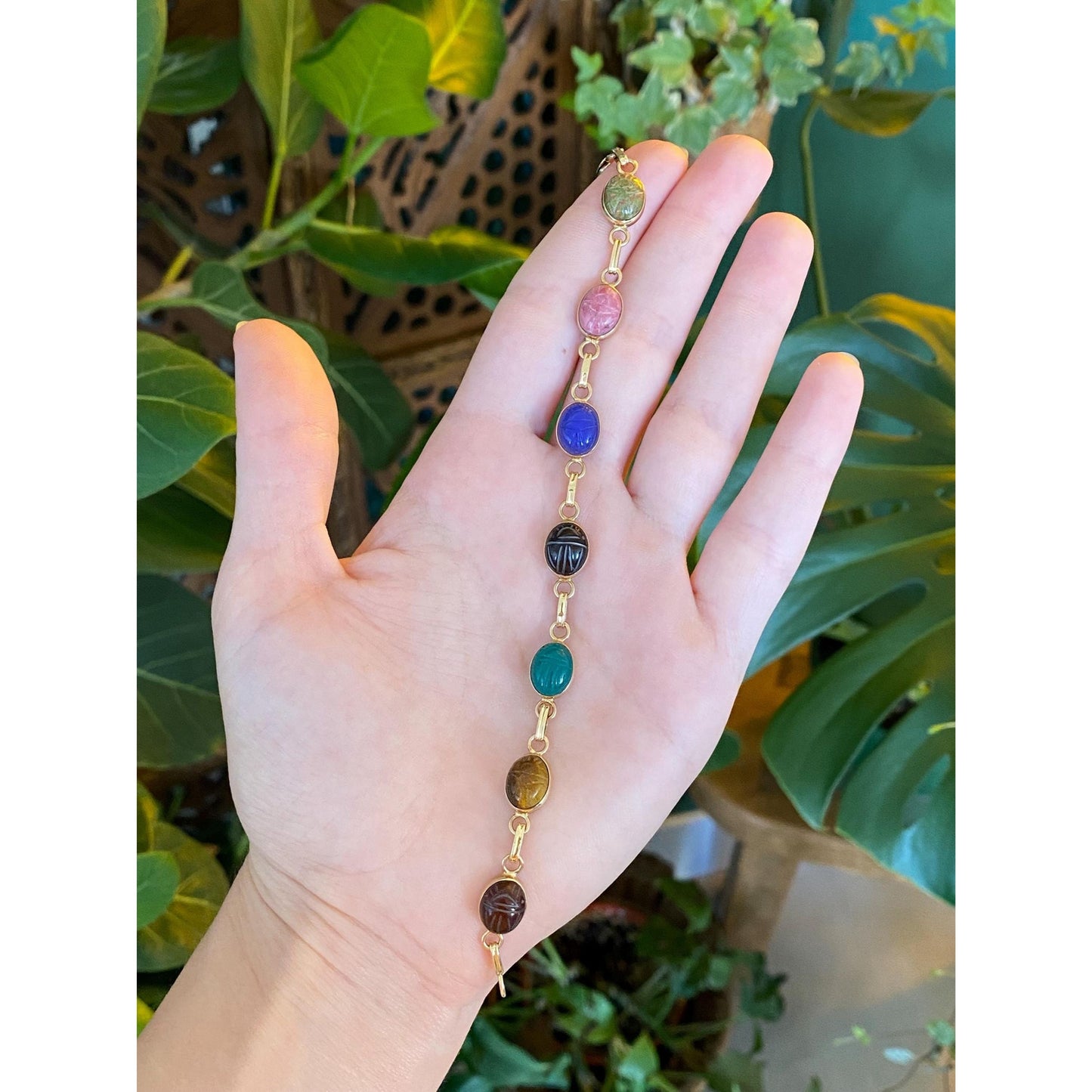 Solid 14k Yellow Gold Carved Scarab Link Bracelet - 7 inches