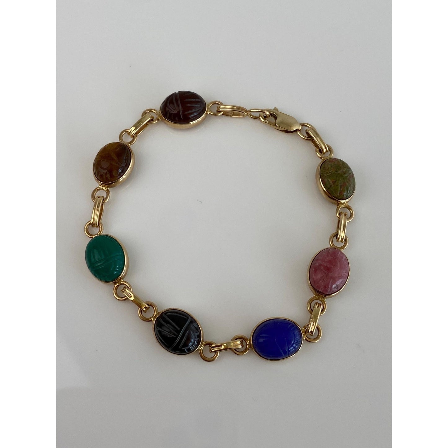 Solid 14k Yellow Gold Carved Scarab Link Bracelet - 7 inches