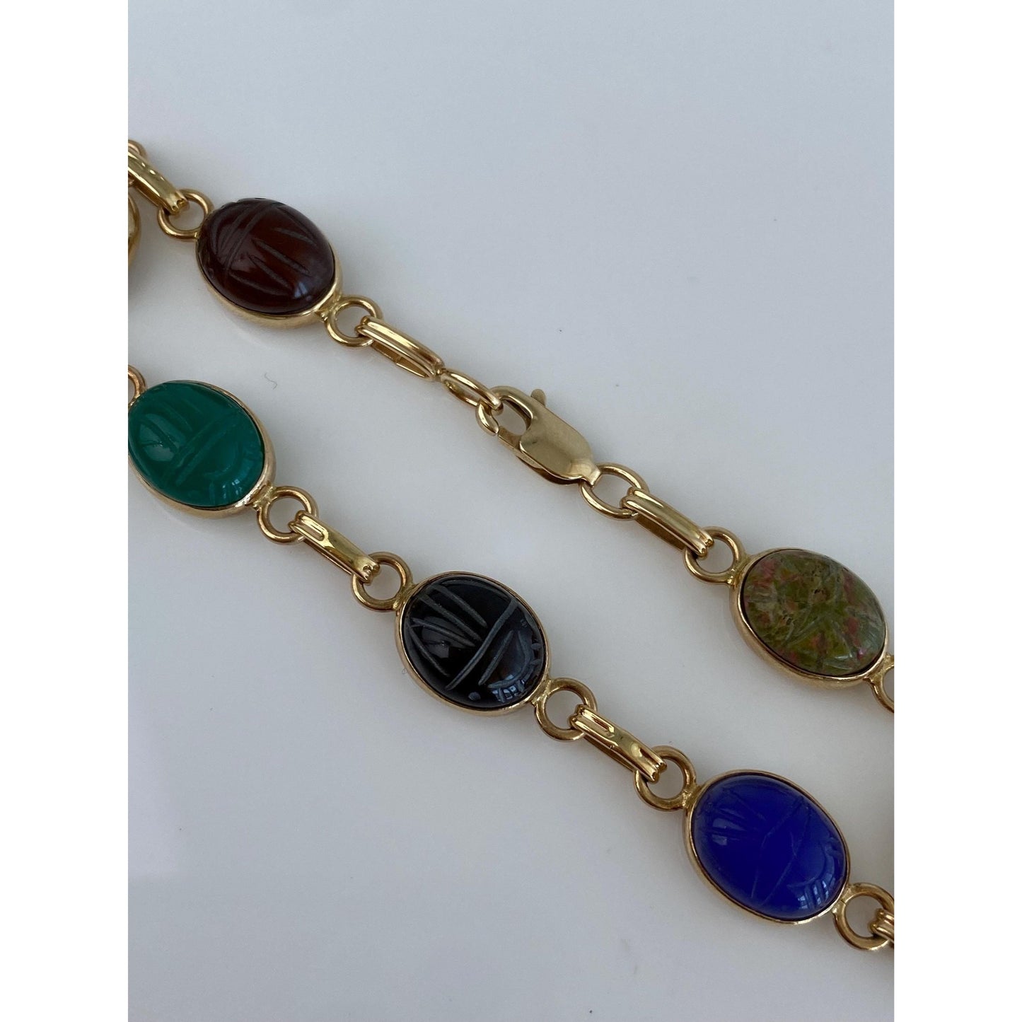 Solid 14k Yellow Gold Carved Scarab Link Bracelet - 7 inches