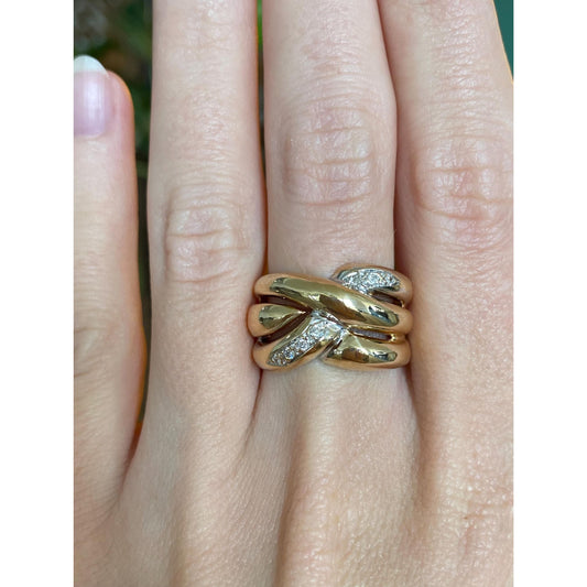 Vintage Solid 14k White & Yellow Gold Diamond Twist Ring Band - Size 7.25