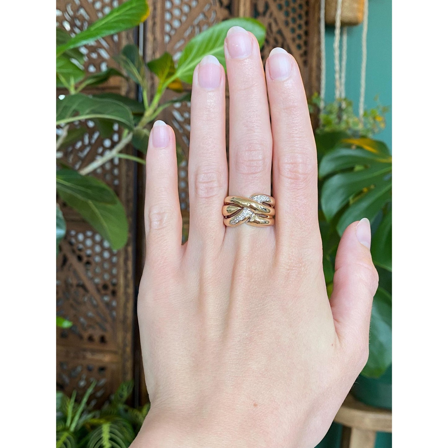 Vintage Solid 14k White & Yellow Gold Diamond Twist Ring Band - Size 7.25