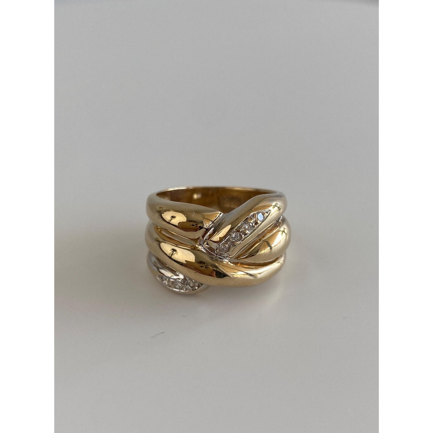 Vintage Solid 14k White & Yellow Gold Diamond Twist Ring Band - Size 7.25