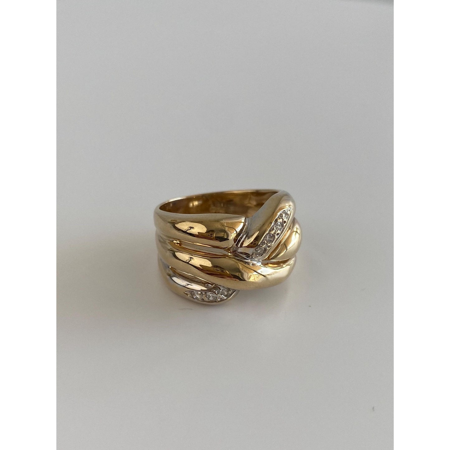 Vintage Solid 14k White & Yellow Gold Diamond Twist Ring Band - Size 7.25