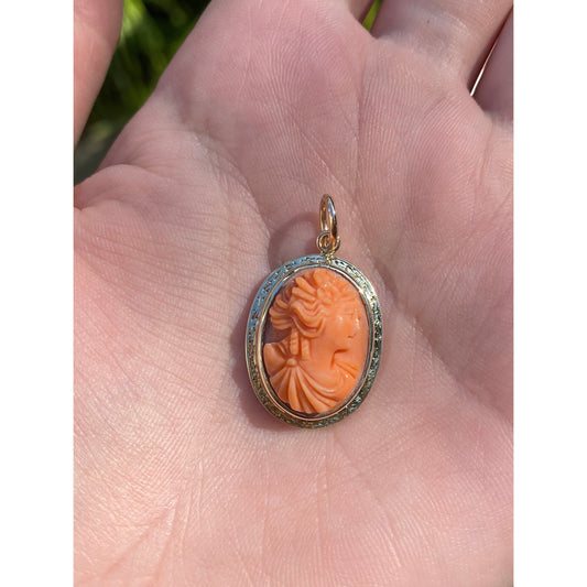 Vintage Solid 14k Yellow Gold Coral Cameo Charm