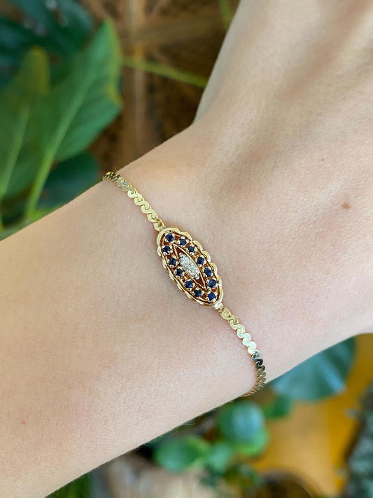 Vintage Solid 14k Yellow Gold Diamonds Blue Sapphire Serpentine Chain Bracelet - 6.5 inches