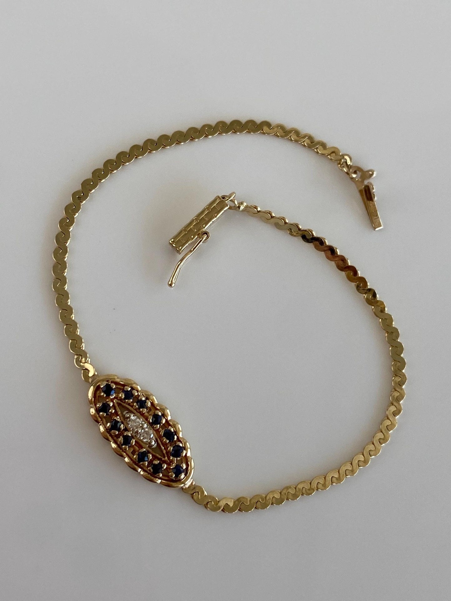 Vintage Solid 14k Yellow Gold Diamonds Blue Sapphire Serpentine Chain Bracelet - 6.5 inches