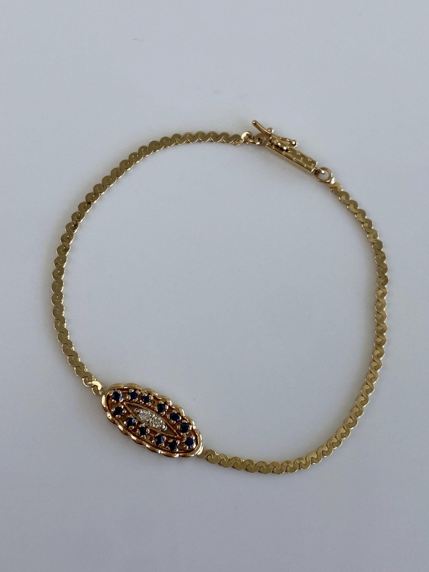 Vintage Solid 14k Yellow Gold Diamonds Blue Sapphire Serpentine Chain Bracelet - 6.5 inches