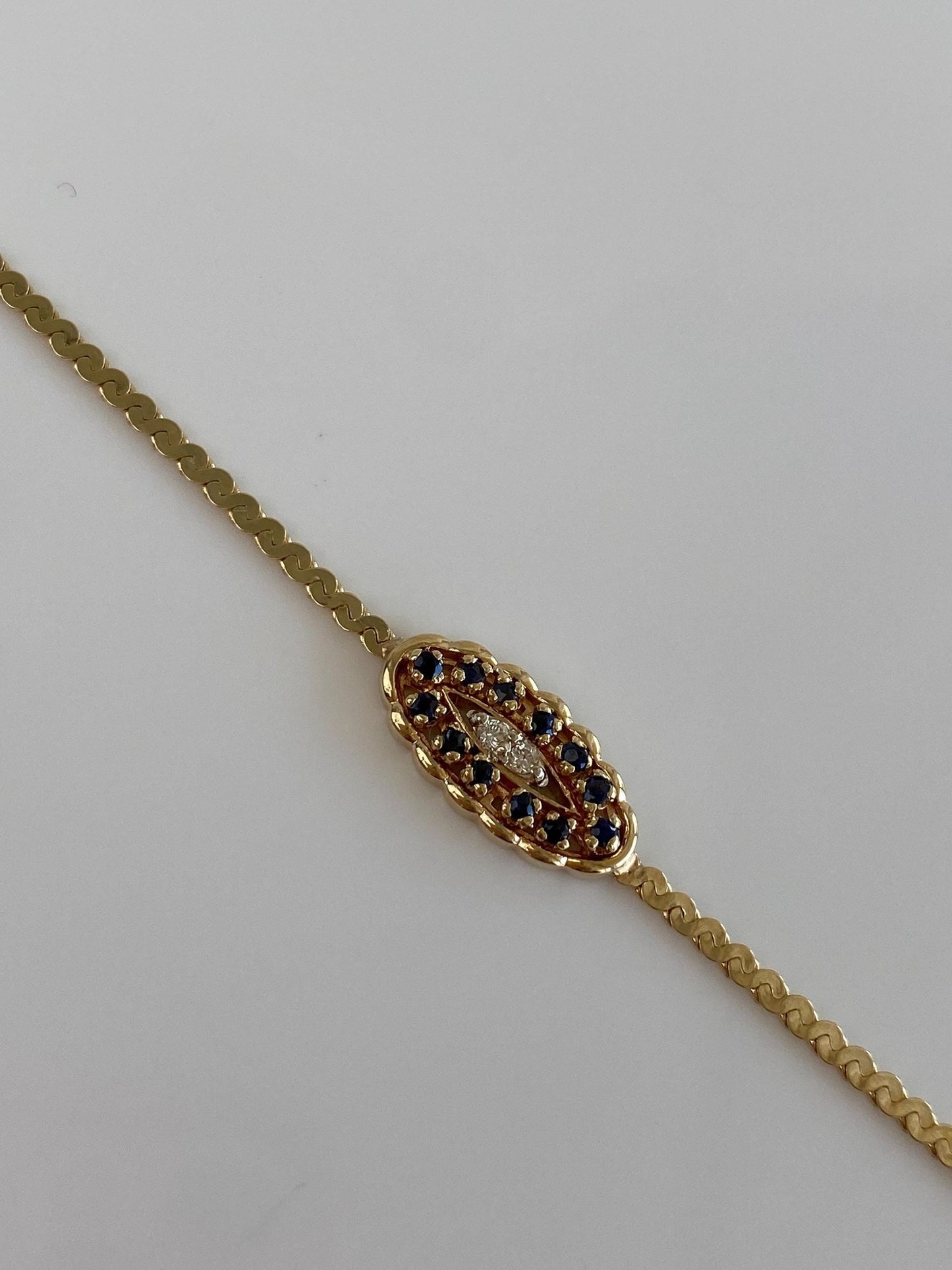 Vintage Solid 14k Yellow Gold Diamonds Blue Sapphire Serpentine Chain Bracelet - 6.5 inches